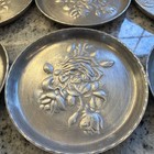 Vintage Hand Forged Aluminum  Floral Coasters Retro Barware Set Of 6