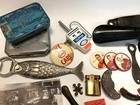 Vintage Junk Drawer Lot Men s Eclectic Mix Penknives Tins Fish Hockey Coins Bird