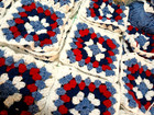 Lot Of 63 - 7  Granny Square Blocks Red White Blue   Extra Yarn  Needle  Hook