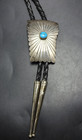 Vintage Bolo Tie Sterling Silver Concho Turquoise Black Leather Cord 925 Tips