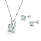 Princess-cut Solitaire Aquamarine Necklace   Stud Earrings Set In 925 Silver