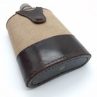 Vintage Glass Flask W case Leather Trim Brown Weave 12 Ounce Herz England