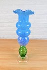 Italian Art Glass Vase 14    Blue White Spatter Green Base Hand Blown Mcm