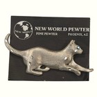 Vintage New World Pewter Cat Brooch Pin Blue Rhinestone Eyes Arizona Nos Kitty