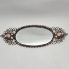 Vintage Ornate Metal Vanity Mirror Oval Glass Rhinestone Flowers Perfume Tray 