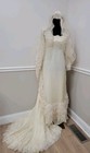 Vintage 1970s Ivory Lace Wedding Dress Long Train Ruffle Victorian Bridal   Veil