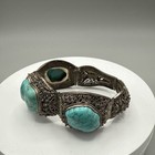 Antique Chinese Export Silver Tone Faux Turquoise  Panel Filigree Link Bracelet