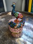 Peacock Jeweled Metal Trinket Box Pink Round Hinged Lid Collectible Decor
