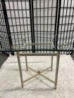 Vintage Glass Top Coffee Table With Brass Accents And Faux Marble Base