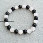 Black Onyx White Moonstone Bracelet 8mm Beads     Yin Yang Crystal Jewelry  Sterl
