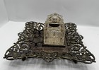 Antique Victorian English Brass Inkstand W cut Glass Pen Holder Inkwell C 1870