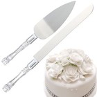 Clear Silver Cake Knife And Server Set  Steel Plated Blades With Crystal Handles