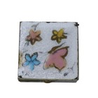 Vintage Guilloche Enamel Brass Pill Box Square Floral Butterfly Trinket Box