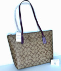 Nwt Coach Zip Top Tote Signature Canvas Khaki deep Berry 4455