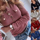 Women V Neck Button T Shirt Tee Tops Ladies Long Sleeve Plain Pullover Blouse