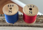  2  Large Antique French Silk Thread Wooden Spools Red Blue Stamped Numbers 1 5 