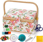 Sewing Basket With Accessories  Wooden Storage Box With Removable Tray  Vintage