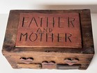 1930 s Tramp Art folk Art Wooden Box Carved  father And Mother  W  Hearts