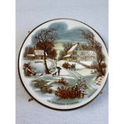 Vintage Currier   Ives Set Of 2 Footed Trivets 6  Winter Scenes Ceramic Brass