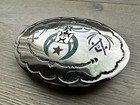 Vintage 80 German Silver Masonic Shriners Belt Buckle Turquoise Coral Chip Inlay