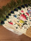 Antique Chinese Painted  Peacock Feather Fan With Carved Sticks  19th Century 