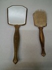 Vintage Goldtoned Brass Victorian Scroll Design Hand Mirror Brush 