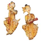Vintage Hand Crafted Thailand Wood Art With Gold Gilt Wall Hanging Figurines 