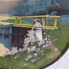 Antique Round Convex Bubble Glass Flue Cover Woman In Garden Bridge Chain Solder