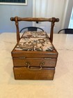 Vintage Wood Accordion Sewing Caddy Complete Kit Floral Upholstered Red Felt Vtg