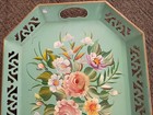 Vtg 1950s Hand Painted Tole Metal Tray Green Floral Lattice Edge