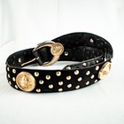 Anne Klein 1970 s Vintage Black Gold Studds Lion Face Women Suede Belt Size S  M