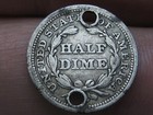 1854 P Seated Liberty Half Dime- Arrows  Fine vf Details  Holed  Old Button 