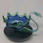 Vintage Art Glass Swan Vase Bowl - Blue Green Centerpiece