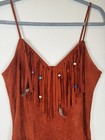 1970s Samir Rust Brown Faux Suede Beaded Fringed Boho Vintage 70s Dress