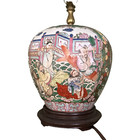 Antique vintage Wood Base Chinese Export Rose Medallion Lamp