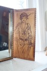 Antique Pyrography Folding Mirror With Golfer Girl Burnt Wood