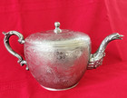 Antique Chinese Pewter Tea Pot Kettle Wahlee Swatow Ornate Etching Dragon Bird