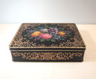 Vintage Metal English Biscuit Tin Box Black W  Gilding   Country Garden Flowers