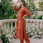 Elvora International Mull Embroidered Kurta Pant Dupatta Set Rust Women Ethnic