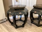 Pair Vintage Asian Black Lacquered Wooden Stools  Side Tables   Bird  Flowers