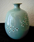 Vtg Korean Celadon 6 5  Vase crackle Glaze W hand Painted Blossoms base Signed