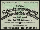1942 Nazi Germany  Schatzanweisung Des Deutschen Reichs 5000 Reichsmark Bond