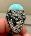 Rare Vintage Hand Made And Carving Ring With Turquoise Stone Excellent