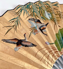 Vtg Large Asian Fan Wall Art Hand Painted Gold Geese Moonlight   Lotus Flowers