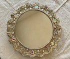 Vintage Rhinestone Silver Vanity Mirror Tray  Aurora Borealis    Clear Crystals