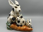 Vintage 9 h Pottery Statue Majolica-style B w Bunny Rabbit Family On A Carrot