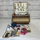 Vintage Singer Wicker Sewing Basket W  Contents Needles  Buttons  Etc