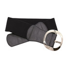 New Women Black Faux Leather Wide Elastic Belt Silver Round Metal Buckle Size S