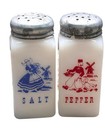 Vintage Dutch Boy Girl Salt Pepper Shaker Set Milk Glass Red Blue Advertising