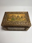 Vintage Ussr Russian Hand Carved With Painted Scene Wood Box 6 3 4   x 4   x 5    x 4 